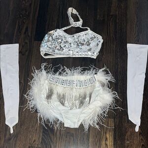 White Sequin and Feather Dance Costume